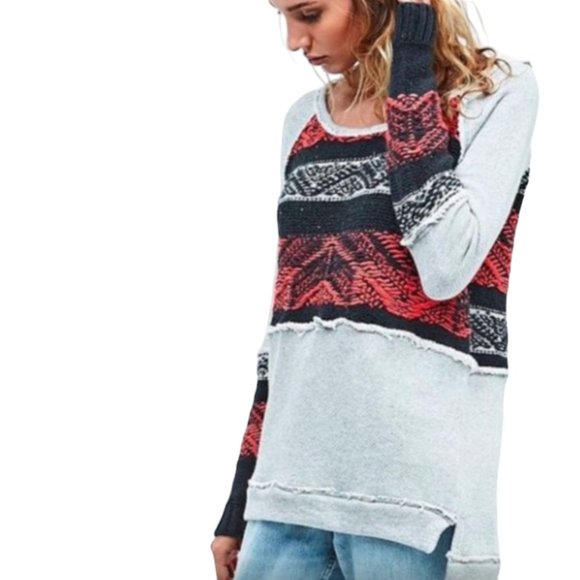 Free People Sweaters - Free People Boho Mixed Media Pullover Top, Gray Black Red, M